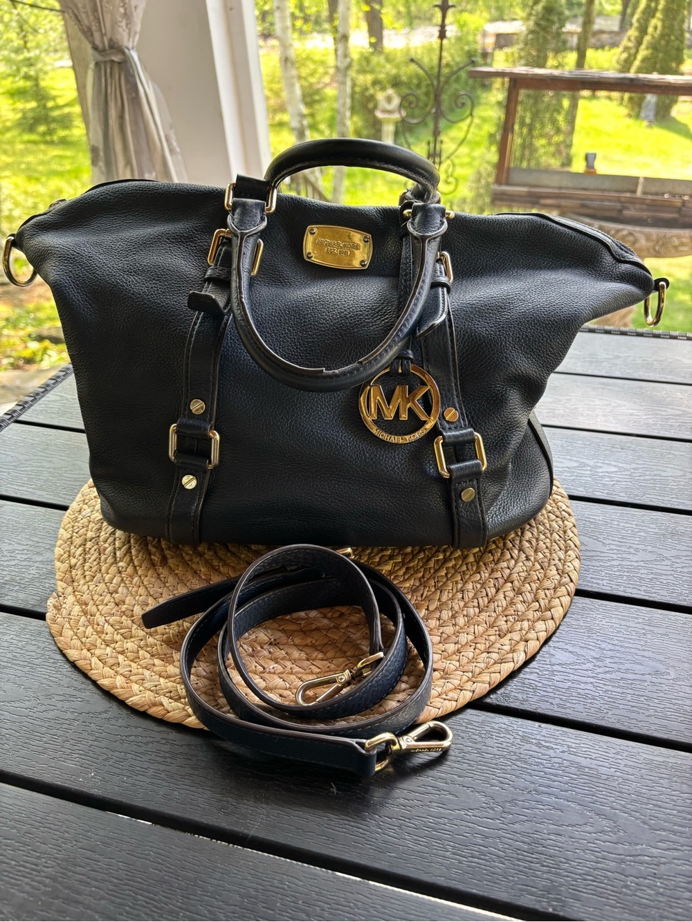 Michael Kors Black Leather Satchel with Gold Accents